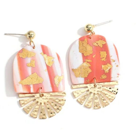 Cotton Candy Pink Marbled Gold Abstract Mixed Media Drop Earrings - Picture 6 of 6